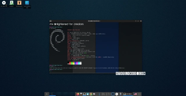 Screenshot of AV Linux 25 with the Enlightenment desktop environment showing the Terminology terminal emulator with an output of the fastfetch and uname -a commands.