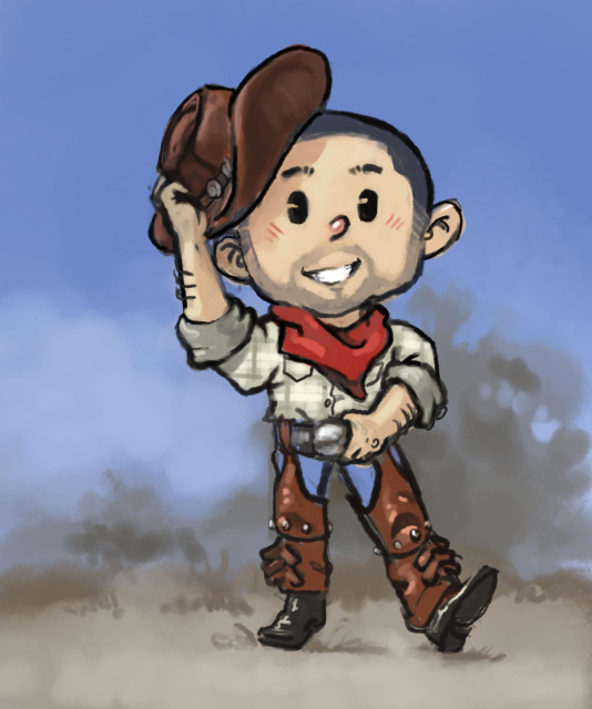 Digital painting of stylized cartoony cowboy