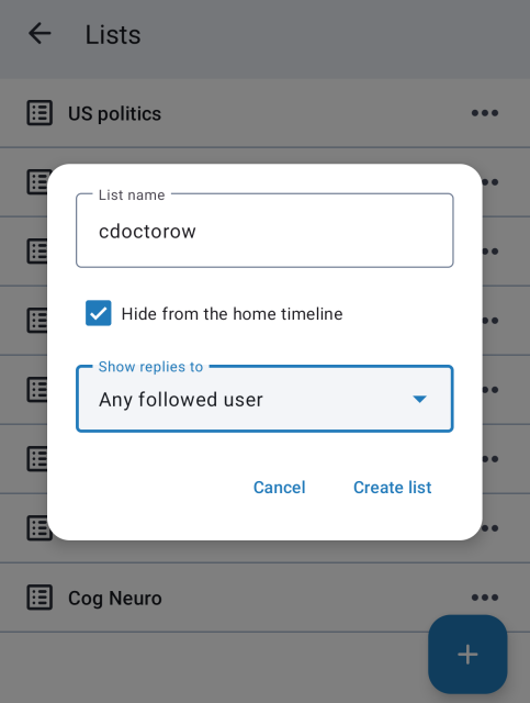 Screenshot of the list-making settings with the "hide from the home timeline" box ticked