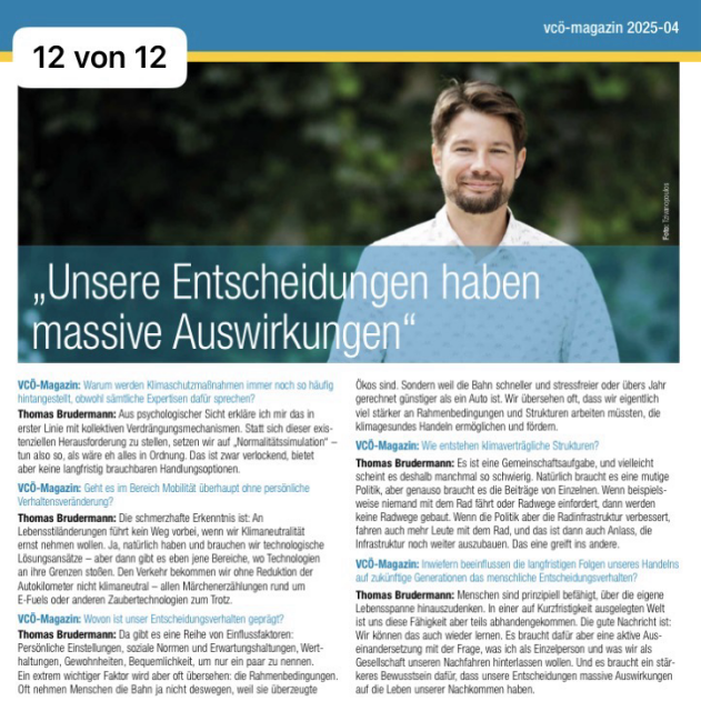 Ausschnitt Interview Thomas Brudermann im VCÖ-Magazin. Titel: Unsere Entscheidungen haben massive Auswirkungen“