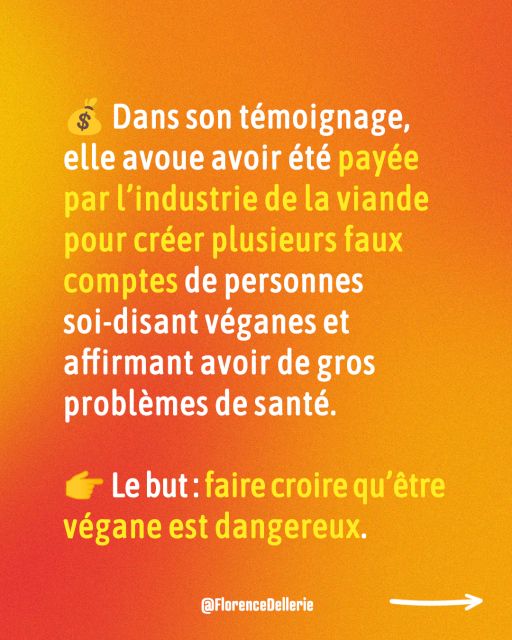 3 Visuel dans les tons de rouge-orangé disant : « 💰 Dans son témoignage, elle avoue avoir été payée par l’industrie de la viande pour créer plusieurs faux comptes de personnes soi-disant véganes et affirmant avoir de gros problèmes de santé. 👉 Le but : faire croire qu’être  végane est dangereux. »