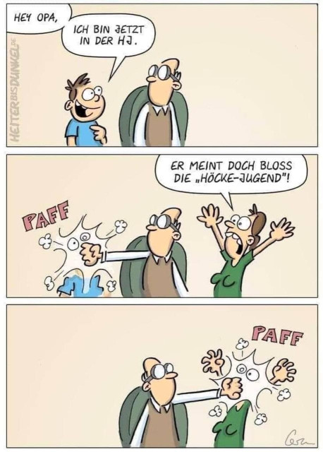 Zu sehen ist ein Comic von "Heiter bis Dunkel" (Mark Ormerod). Im ersten von drei Bildern sagt der Enkel stolz lächelnd: "Hey Opa, ich bin jetzt in der HJ.". Im zweiten Bild schlägt der Opa dem Enkel dafür kommentarlos und ohne aufzustehen ins Gesicht, während die entsetzte Mutter im Hintergrund auftaucht, die Arme hochreisst und ruft: "Er meint doch bloß die Höcke-Jugend!". Im dritten Bild knallt der Opa dafür kommentarlos auch der Mutter eine, immer noch sitzend.