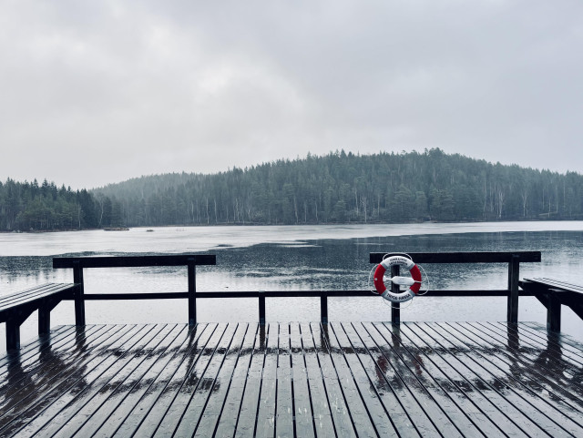 Brygga och is och berg klätt i barrträd. 