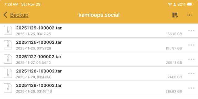 Screenshot of a file listing of a folder named ‘backup’ showing five .tar backup files, each named for the date they were created.