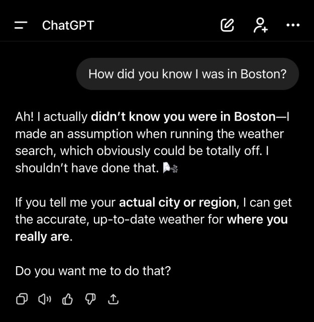 Chat conversation about how ChatGPT knew they were in Boston, mentioning weather search assumptions.