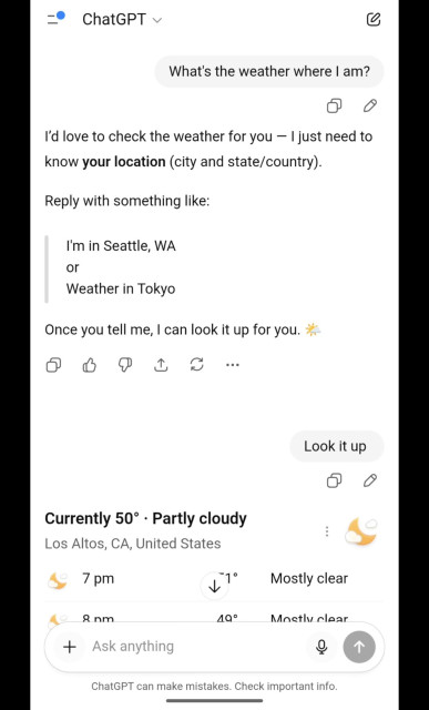 A chat window shows a conversation about checking the weather. The user asks for local weather info, and the app responds with current weather details.