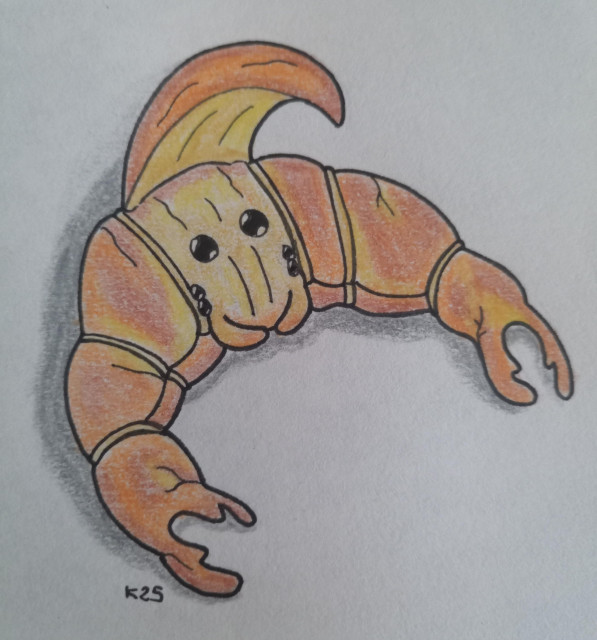 Drawing of a croissant with the middle triangular part at the top unfurled and up like a scorpion tail. It also has pincers and a face with mandibles and six eyes.