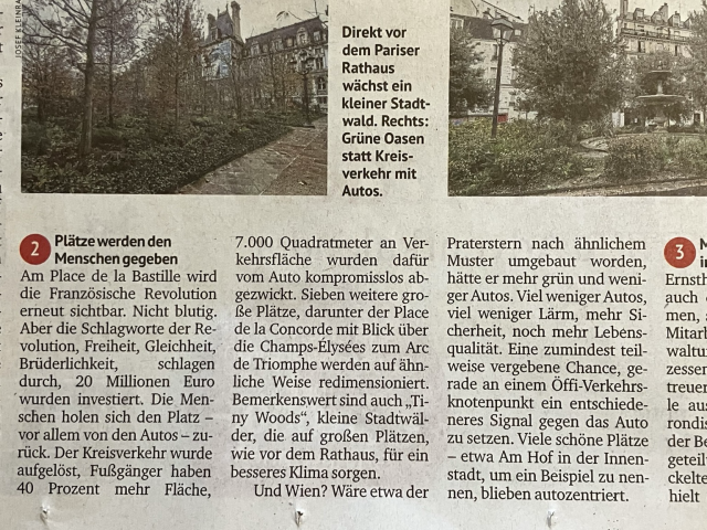 Ausschnitt aus Kurier-Artikel über Maßnahmen in Paris zur Mobilitätswende und Klimawandelanpassung 