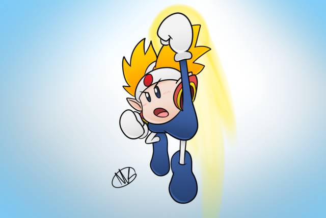 The Knuckle Joe character from the Kirby series doing an uppercut with yellow energy trailing from his fist.