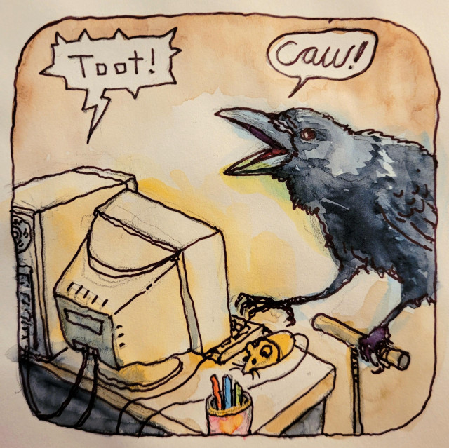 Drawing of a crow sitting at a late 1990s era PC with a CRT monitor and a proper mouse with ears, eyes, and whiskers. The computer says, "Toot!" and the crow says, "Caw!"