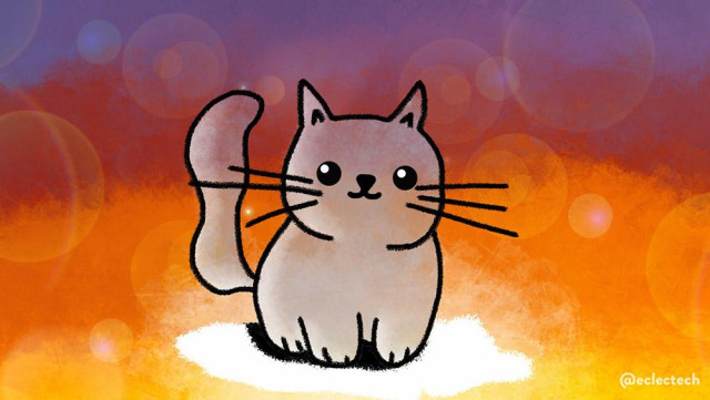 A drawn digital image. The background is bright colours, in merged slightly curved horizontal stripes of yellow, orange, red and purple (from bottom to top). In the centre is a patch of white, upon which sits a simple, cute cat, with a little smile and big whiskers.