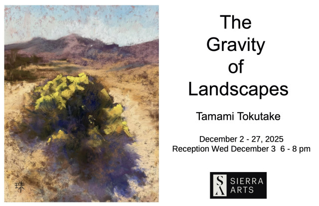A screenshot of a postcard invitation to an art exhibit titled "The Gravity of Landscapes". Featuring a textured pastel painting of a flowering rabbitbrush on a desert landscape.