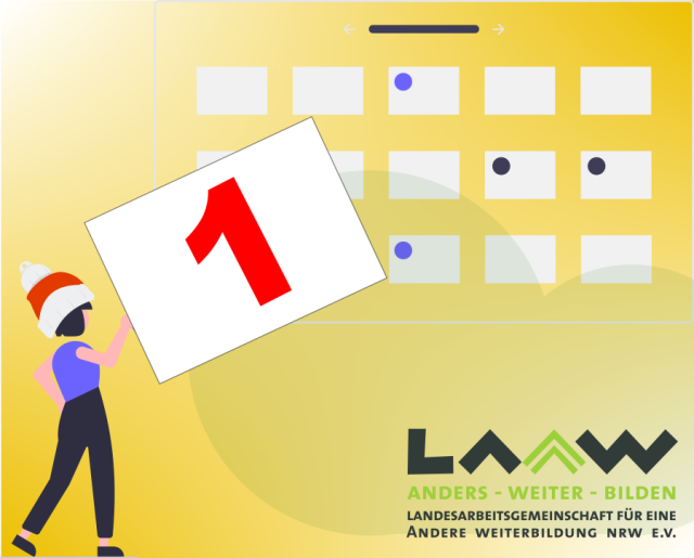 Clipart eines Kalenders und eine Frau, die ein Schild mit der Zahl 1 hält.