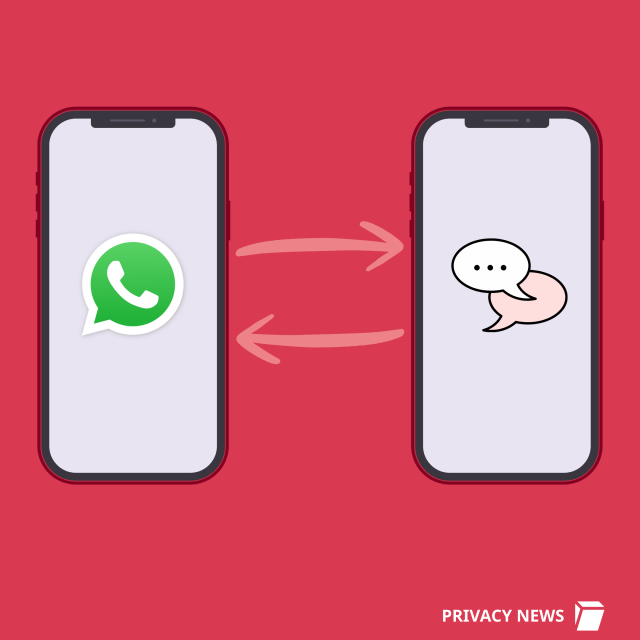 Two phone screens, one with WhatApp logo the other with messaging speech bubble, arrows between the two symbolizing interoperability