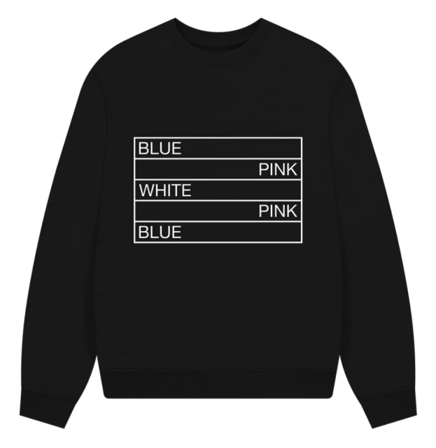 The trans pride flag in white, on black, with the colors spelled out.