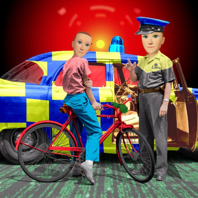 A 1950s image of a cop with a patrol car lecturing a boy on a bicycle. Both the cop's head and the boy's head have been replaced with the head of Mark Zuckerberg's metaverse avatar. The ground has been replaced with a 'code waterfall' effect as seen in the Wachowskis' 'Matrix' movies. The background has been replaced with the glaring red eye of HAL 9000 from Stanley Kubrick's '2001: A Space Odyssey.' The cop's uniform and car have been decorated to resemble the livery of the Irish Garda (police) and a Garda logo has been placed over the right breast of the cop's uniform shirt.

Image:
Cryteria (modified)
https://commons.wikimedia.org/wiki/File:HAL9000.svg

CC BY 3.0
https://creativecommons.org/licenses/by/3.0/deed.en
