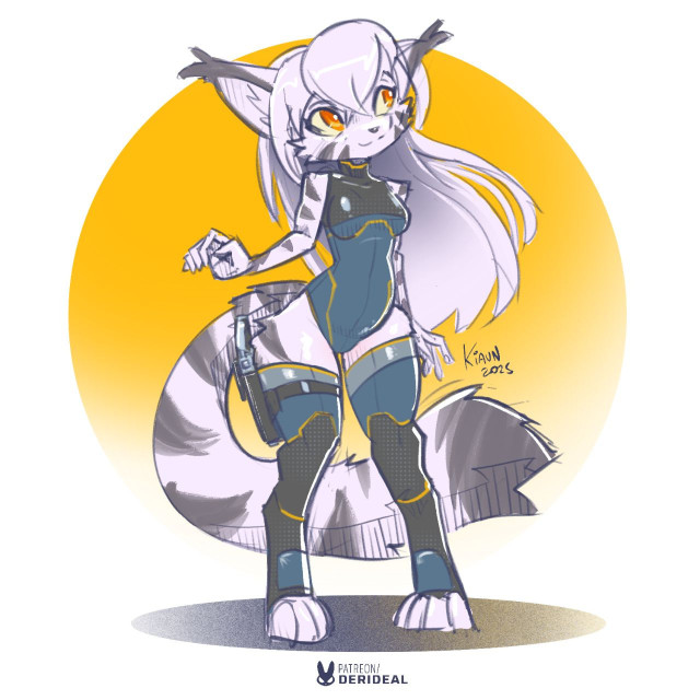 A gray tabby cat girl with long hair, wearing a black / dark blue leotard and thigh highs as well as a sidearm strapped to her right leg.