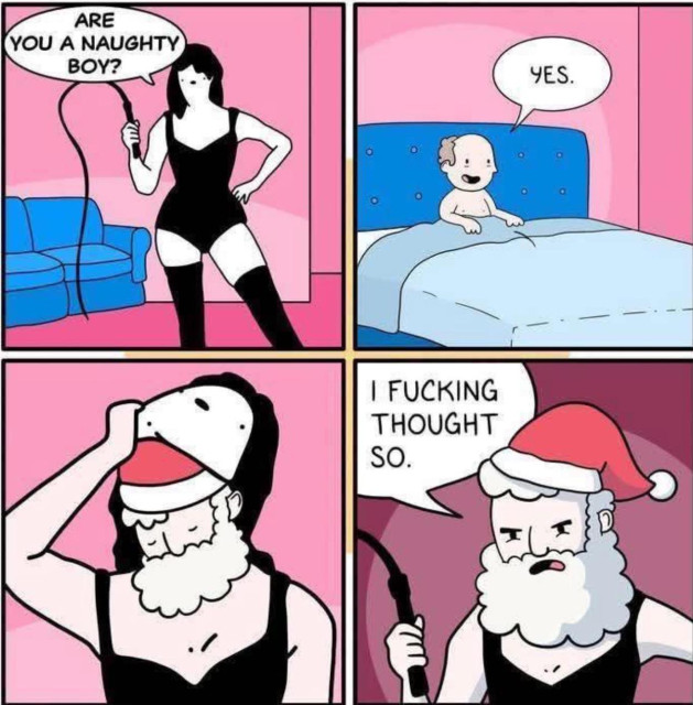 A dominatrix asks a client if they're a naughty boy. Client says, "Yes." Dominatrix pulls off her mask to reveal that she's Santa Claus and says, "I fucking thought so!"  Illustration by Bummer Party Comics and MyGumsAreBleeding