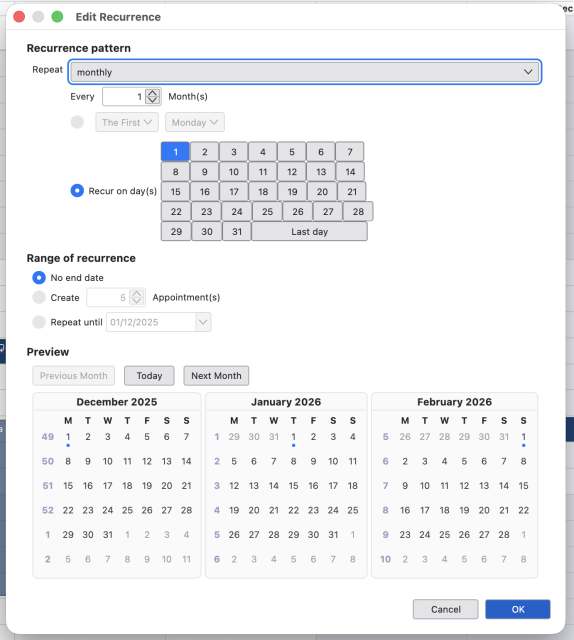 Screenshot of Mozilla Thunderbird Calendar event creation custom repetition pattern dialog window.