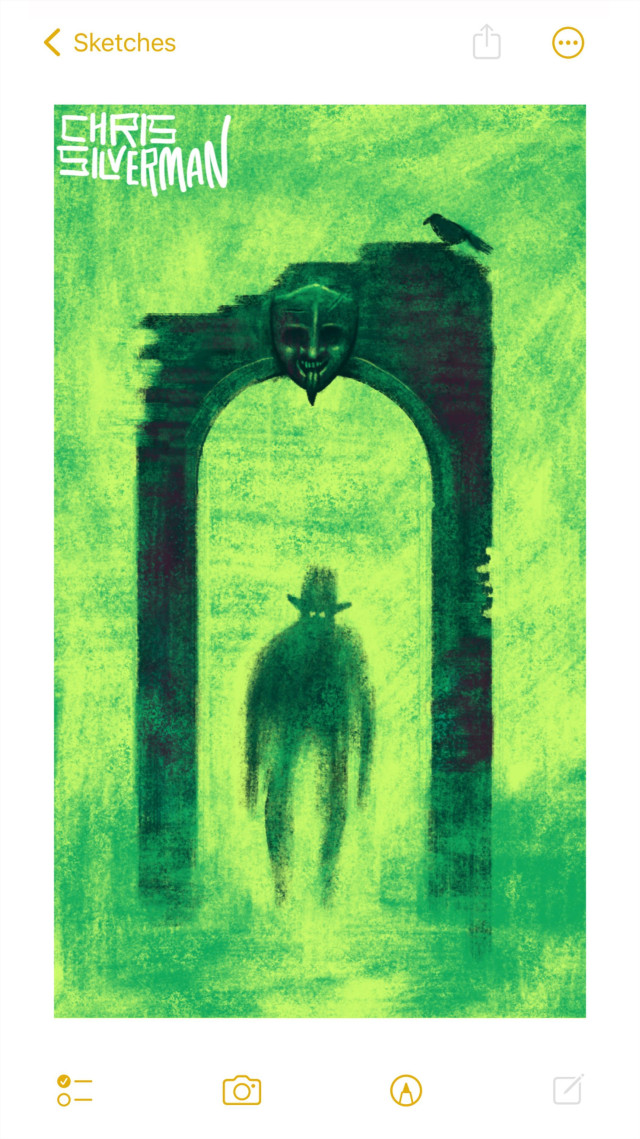An eerie green world. A tall, crumbling stone arch rises up from the ground, like the one doorway left after the rest of the house vanished. Above the archway, in the center, is a mask-shaped stone face, eyes in shadow, mouth stretched into an unpleasant smile. The mask is revealing teeth and sticking out a long pointed tongue. Sitting on the top right corner of the arch is a raven. Walking under the arch is a strange figure: arms a little longer than they ought to be, the outline of a top hat, and two glowing eyes. The figure is silhouetted, so not much in the way of details can be seen. This is an entirely green painting, signed "Chris Silverman".