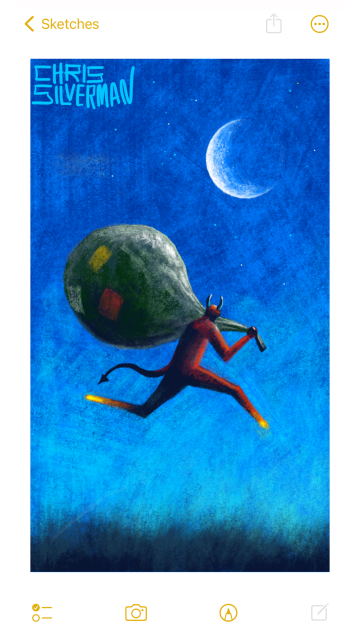 A red devil with horns and a pointed tail bounds over the ground on a clear blue starry night. The devil is carrying an enormous sack with a few red and yellow patches applied to it. The devil's hooves glow reddish-yellow. A large white crescent moon hangs in the sky. The painting is signed "Chris Silverman".