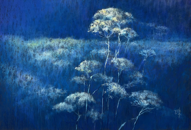 A stylized, somewhat mysterious painting of a field of fennel flowers under moonlight. Very blue, and textured. 