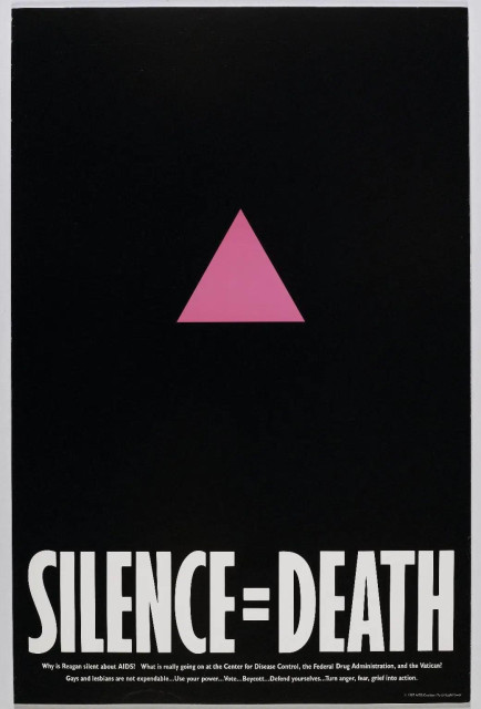 The image is a poster with a solid black background featuring a centered pink triangle oriented with the point upward. Beneath the triangle, in large white block letters spanning the width of the poster, is the text “SILENCE = DEATH.” Along the bottom margin, in small white text, is a line of messaging that references political inaction regarding the AIDS crisis, including mentions of the Reagan administration, the Centers for Disease Control, the Food and Drug Administration, and the Vatican. It states that gays and lesbians are not expendable and urges actions such as voting, boycotting, and self-defense. A small copyright notice at the bottom right identifies the creators as the “Silence = Death Project” with a date of 1987.