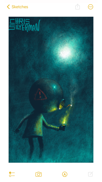 A dark night, with a glowing green celestial body—a moon? an orb? a ball of white light surrounded by a greenish glow—in the top right. Below it, knee deep in greenish fog, is a small figure. The figure has a large shiny spherical bomb for a head. The fuse is where its face would be, and it is casually lighting the fuse as though lighting a cigarette, the rest of it dimly illuminated by both the yellow flame of the lighter and the blazing white light in the sky. Its head has a faded red stencil of a warning triangle with an exclamation point inside it, in case the risks of the situation were unclear. The painting is signed "Chris Silverman".