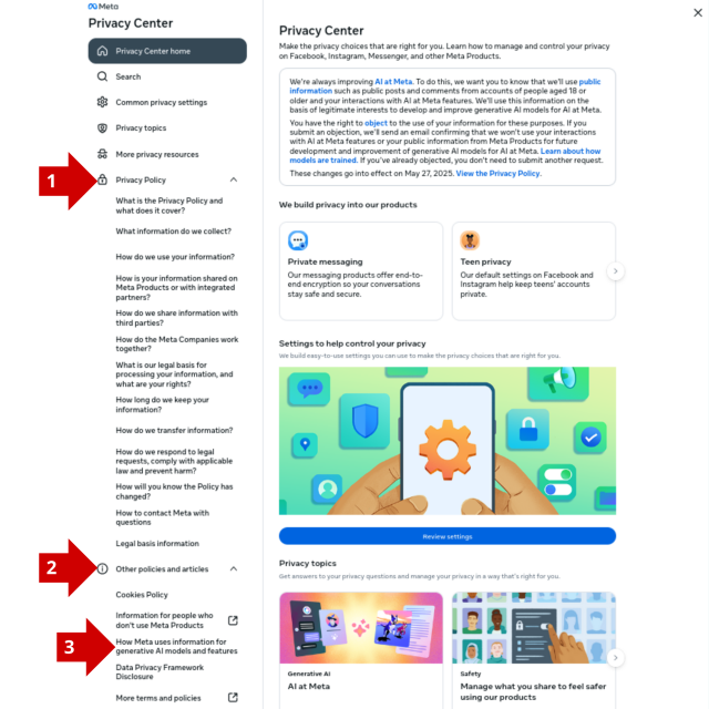 Screenshot of the Meta Privacy Center to opt out from AI tracking