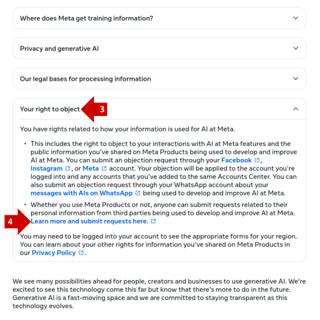 Screenshot of the Meta Privacy Center to opt out from AI tracking