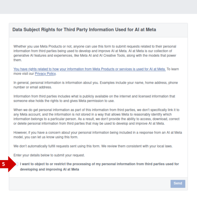 Screenshot of the Meta Privacy Center to opt out from AI tracking