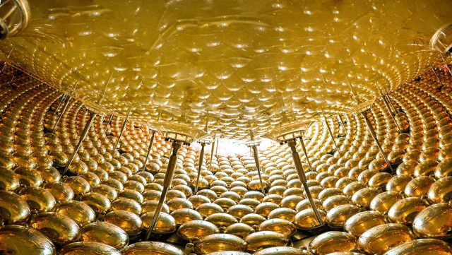 JUNO's central detector (at the top of the picture) is filled with scintillation fluid and surrounded by photomultiplier tubes 