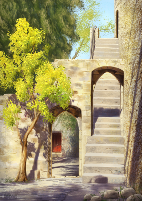 A digital painting of a castle courtyard in the sunshine. A bright green tree grows out of the cobbles next to two archways in old, beige stone, standing side by side. Steps go up through one arch to a dark doorway in a high wall, while more courtyard and dappled shadow can be glimpsed through the other arch. Everything is overlooked by large, dark green trees and a cloudless blue sky.