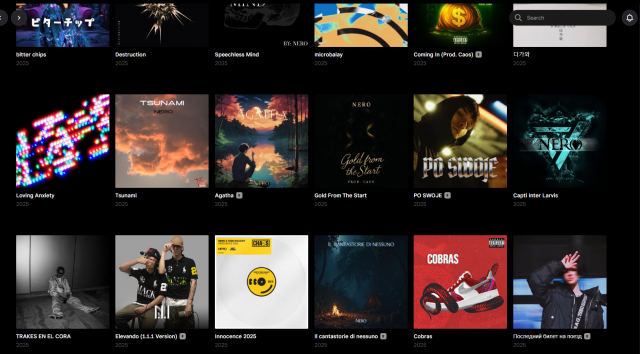 A screenshot from the Tidal app interface showing singles associated with the group "Nero". Of the 24 covers shown in the screenshot, only 1 of them is actually by that group. The rest appear to be AI-generated singles.