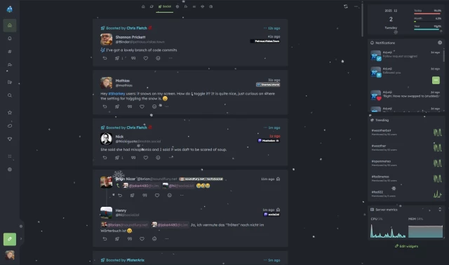 A screenshot of my timeline feed with snowflakes falling as a graphical layer on top of it.