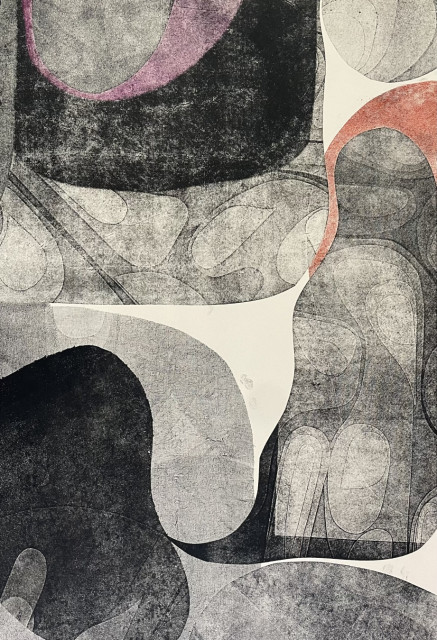 monoprint on paper with textured, curved shapes in shades of black, pink, and orange.