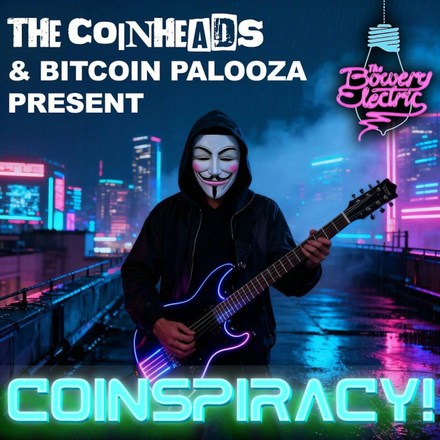 A digitally altered image depicting a person playing an electric guitar in front of a blurred city skyline at night. The person is wearing a black hoodie and a white Guy Fawkes mask, and is holding a bright pink electric guitar. The background is a vibrant cityscape with neon lights and blurred buildings. Above the person are the words “THE COINHEADS & BITCOIN PALOOZA PRESENT”, and below are the words "COINSPIRACY!". A logo featuring the name "Bowery Electric" in a cursive font is positioned in the upper right corner of the image. The overall tone of the image is dark and edgy, with a strong emphasis on neon colors and digital effects.

Provided by @altbot, generated privately and locally using Gemma3:27b