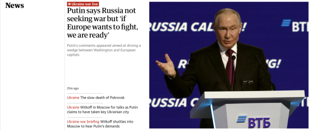 Screenshot from The Guardian's website with an utterly insane quote from Putin.