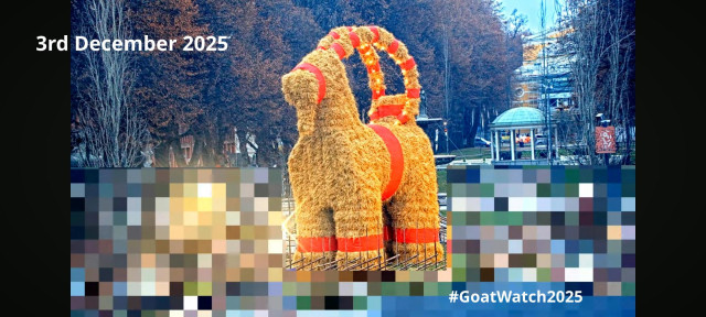 The Gävle Goat on the morning of 3rd of December 2025. 

Picture shows a large straw effigy of a goat with red trimmings surrounded by a fence. Behind the goat a tree lined esplanade and the Gävle theatre are visible. Parts of the image are pixelated to obscure people passing by.

Picture from YouTube Live Feed. 