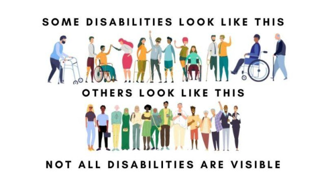 Graphic: two lines of people;
The top line offers a wide range of illustrations of those with visible disabilities with the caption: 'Some disabilities look like this'; while below a second line of illustrations is of 'normal' people with the caption: 'Not all disabilities are visible'