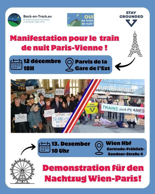 Plakat Ankündigung einer Demo für den Erhalt des Nachtzugs Wien-Paris