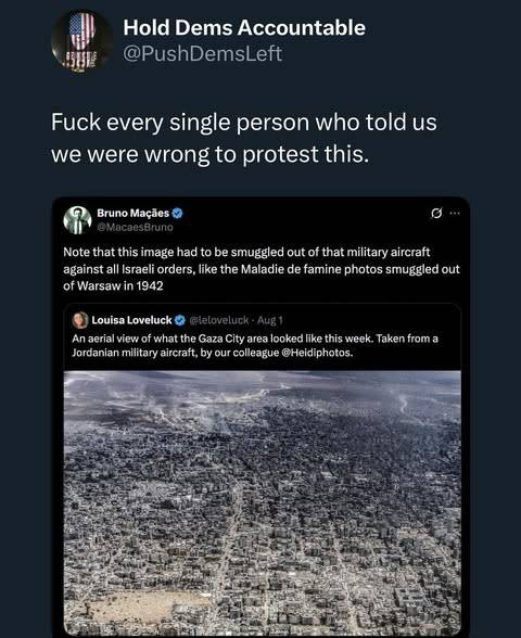 Tweet No.1  An aerial view of what the Gaza City area looked like this week. Taken from a Jordanian military aircraft, by our colleague @Heidiphotos.  The Quoted Thread 1 :From: Bruno Maçães Text: Note that this image had to be smuggled out of that military aircraft against all Israeli orders, like the Maladie de famine photos smuggled out of Warsaw in 1942   The Quoted thread 2:  Text: Fuck every single person who told us we were wrong to protest this.