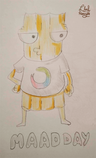 Curro the Churro dressed with a t-shirt with @curator avatar (wich is a circle made of colors in a brush strike manner) .Done in paper with pencil and penciled colors.
