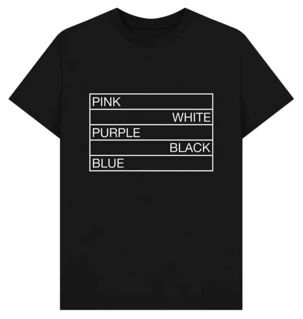 T-shirt: The genderfluid pride flag, but the colors are spelled out in white on black.