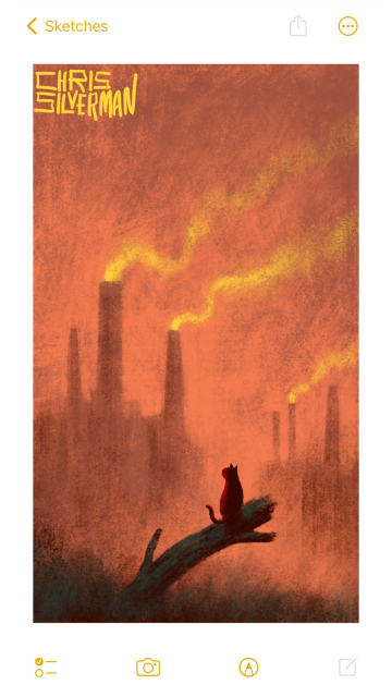 A bleak industrial scene: hulking brownish factories pouring yellow smoke into a dull red sky. In the foreground, a cat sits on a dark, greenish log, observing the scene. The painting is signed "Chris Silverman".