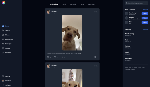 New Pixelfed web user interface in dark mode with stories disabled