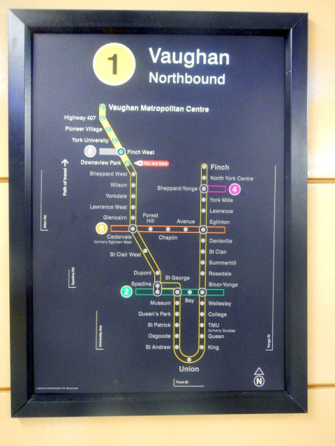 TTC “Subway and Light Rail” map on the Line 1 Downsview Park subway station platform, showing Line 6 and Line 5!

Map is Line 1

Vaughan

Northbound