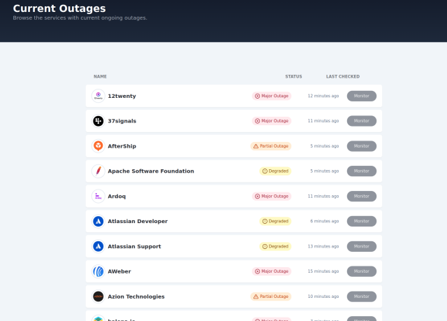 Screenshot of the statusfield.com outages as of ~5m ago.