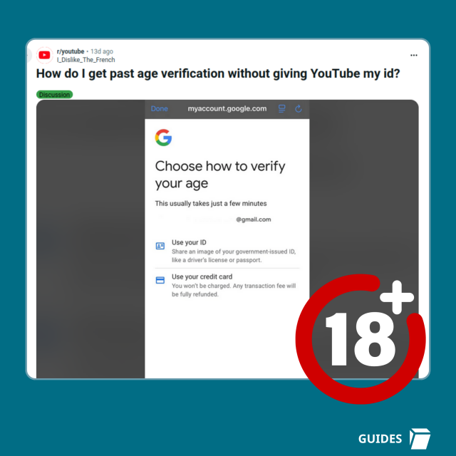 Screenshot of a Reddit post in the YouTube Subreddit titled: "How do I get past age verification without giving YouTube my id?" with a screenshot of a Google pop up asking how they would like to verify their age. 