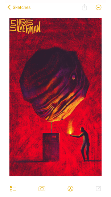 A person stands in a bright red space, holding a yellow flame. Rather than appearing brightly lit, the space feels more like a dark room lit by a fire, with shadows pressing in all around. In front of the person, mounted on a pillar like a sculpture, is a vast and weird object: part asteroid, part machine, with organic folds and striations. The parts of the object closest to the flame glow yellow, fading into red and purple. The painting is signed "Chris Silverman".